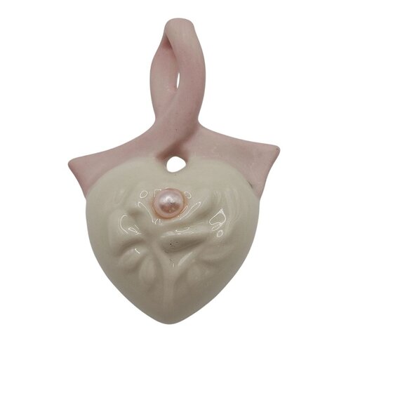 VTG Lenox Porcelain Heart Breast Cancer Awareness Pink Bow Faux Pearl Brooch Pin - Picture 1 of 8